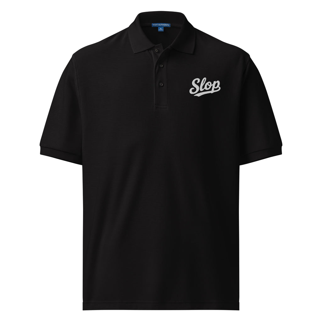 Slop Script Polo in Black, close-up of the embroidery