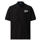 Slop Script Polo in Black, close-up of the embroidery