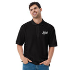 Slop Script Polo in Black, close-up of the embroidery