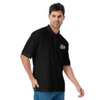 Slop Script Polo in Black, close-up of the embroidery