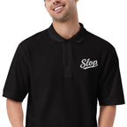 Slop Script Polo in Black, close-up of the embroidery