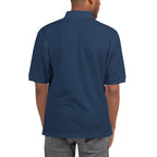 Slop Script Polo in Navy, close-up of the embroidery