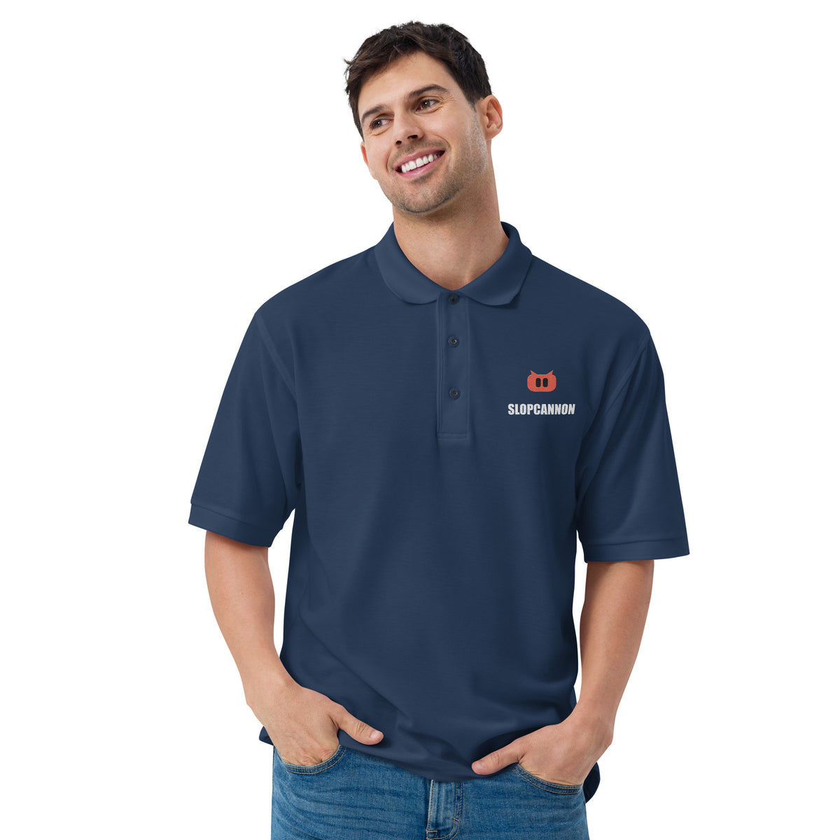 SLOPCANNON Snout Polo in Navy, worn by a model
