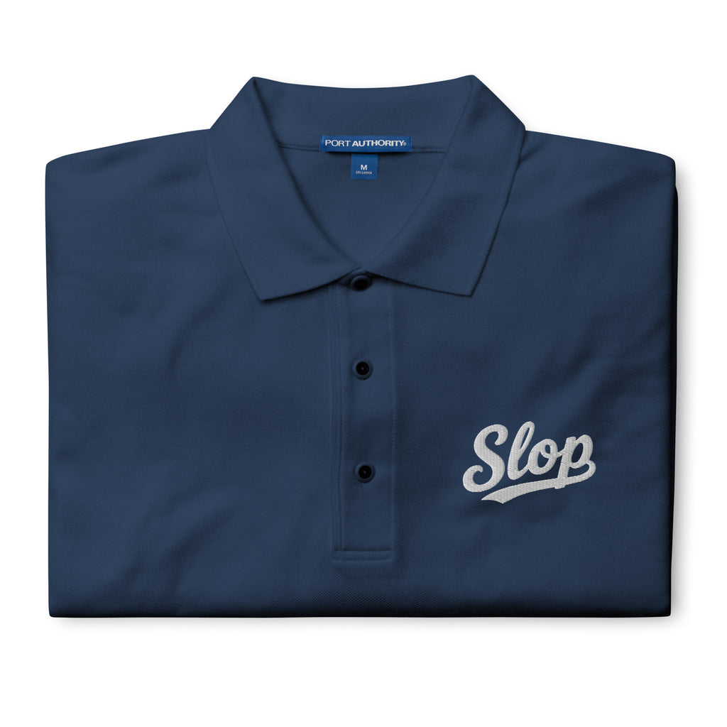 Slop Script Polo in Navy, close-up of the embroidery