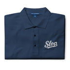 Slop Script Polo in Navy, close-up of the embroidery