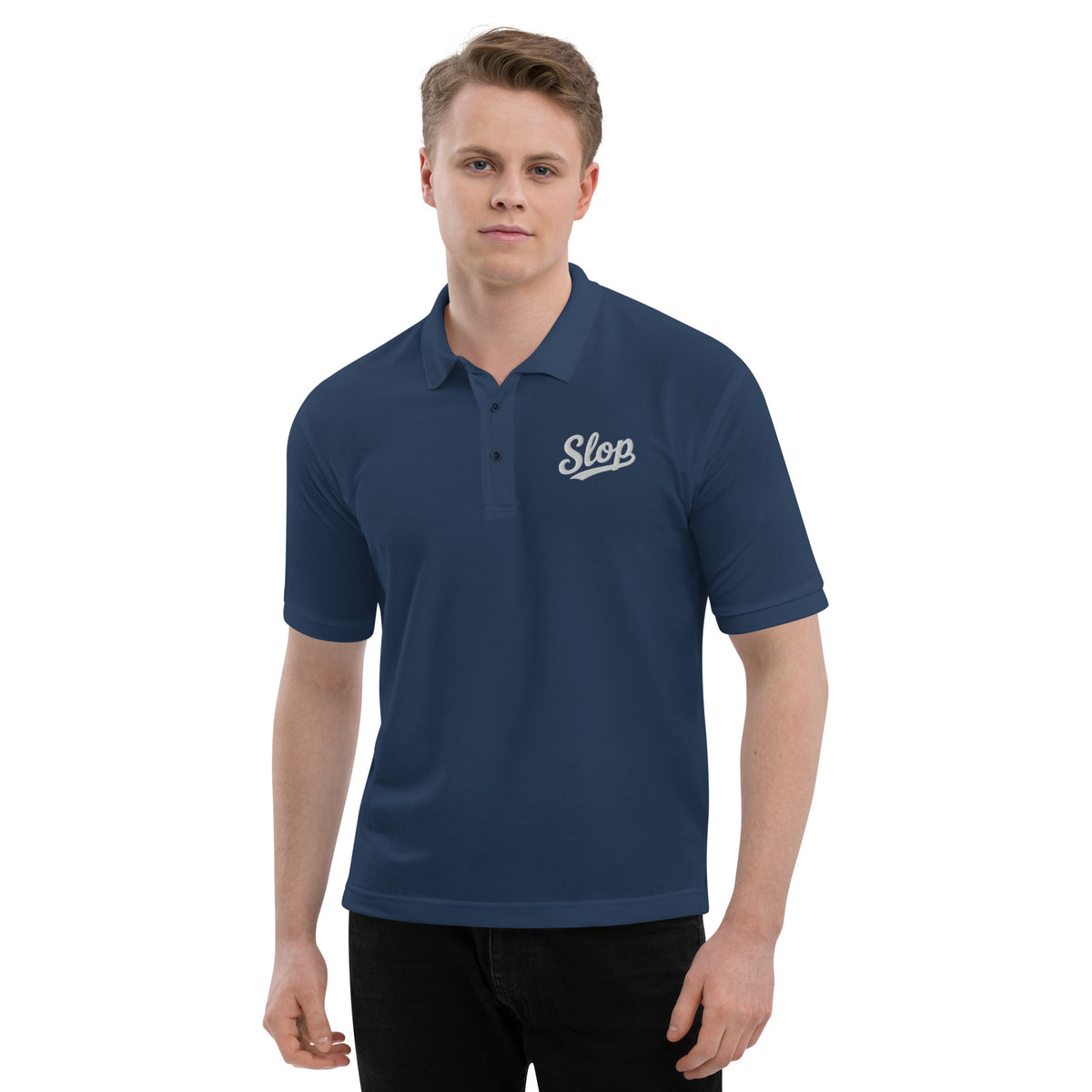 Slop Script Polo in Navy, close-up of the embroidery