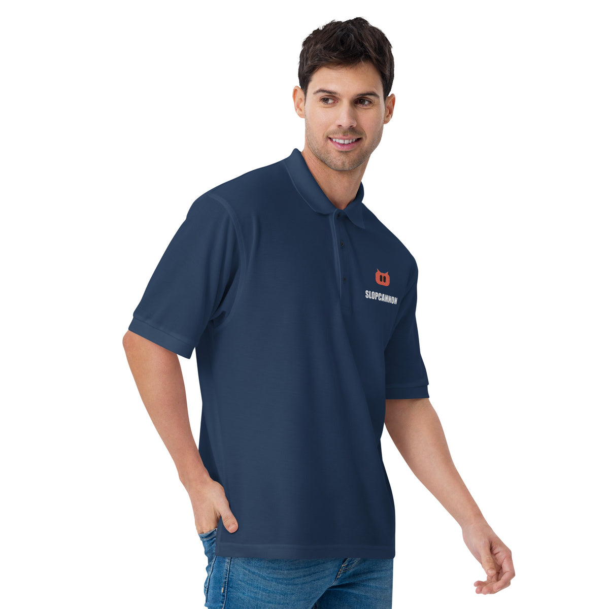 SLOPCANNON Snout Polo in Navy, worn by a model
