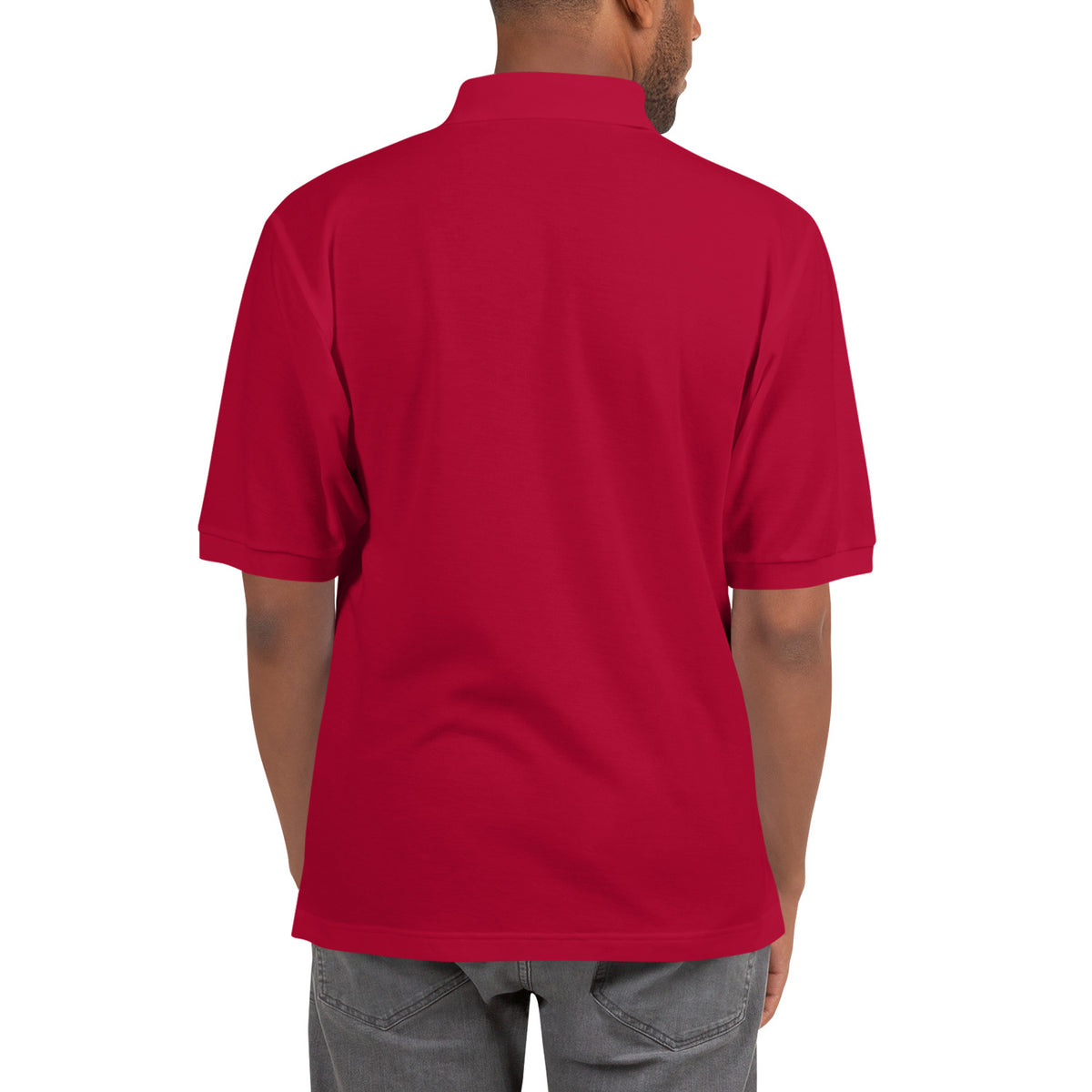 Slop Script Polo in Red, close-up of the embroidery