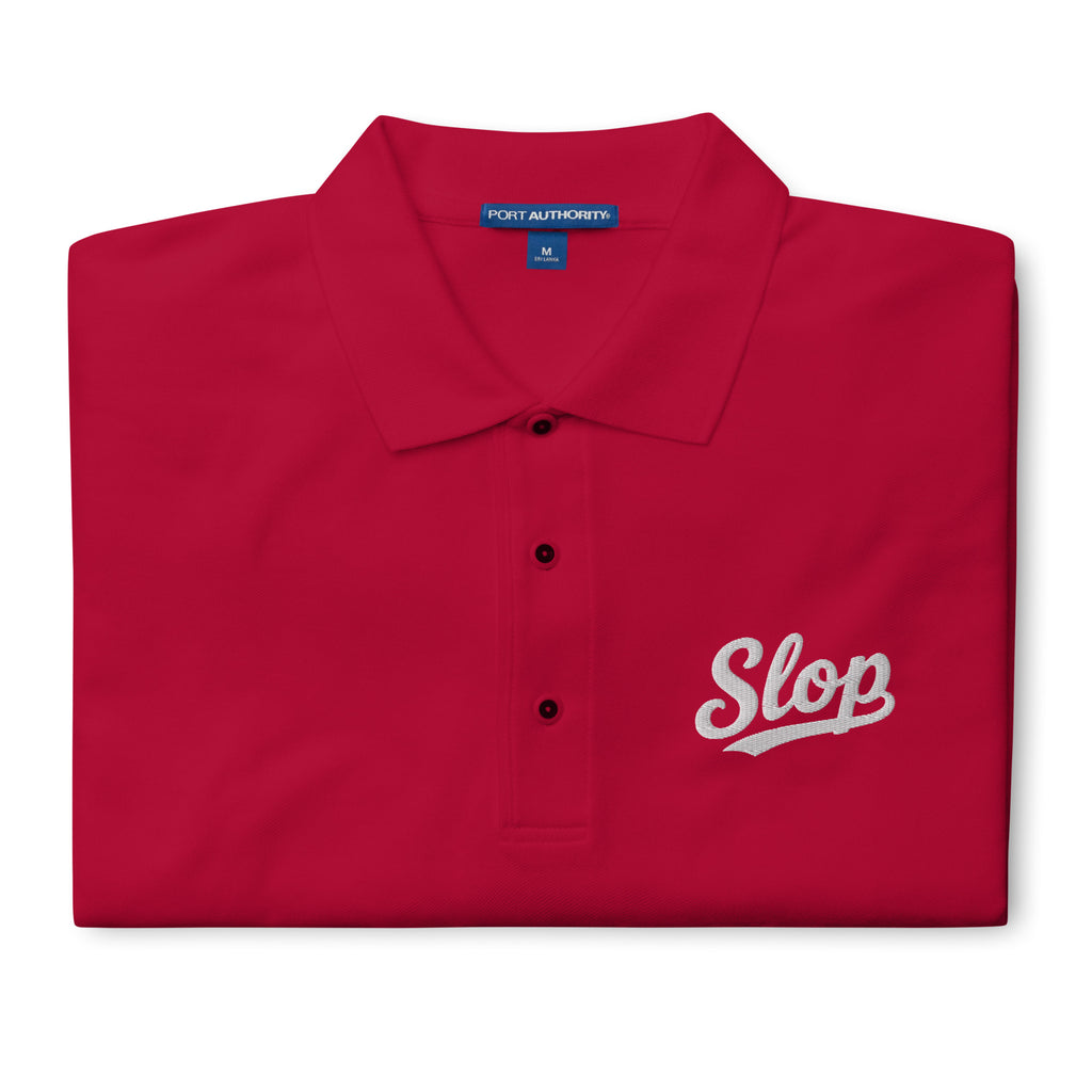Slop Script Polo in Red, close-up of the embroidery