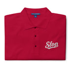 Slop Script Polo in Red, close-up of the embroidery