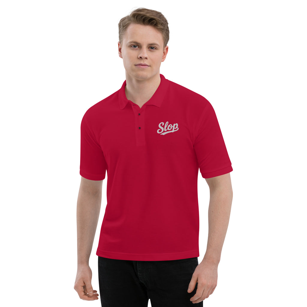 Slop Script Polo in Red, close-up of the embroidery