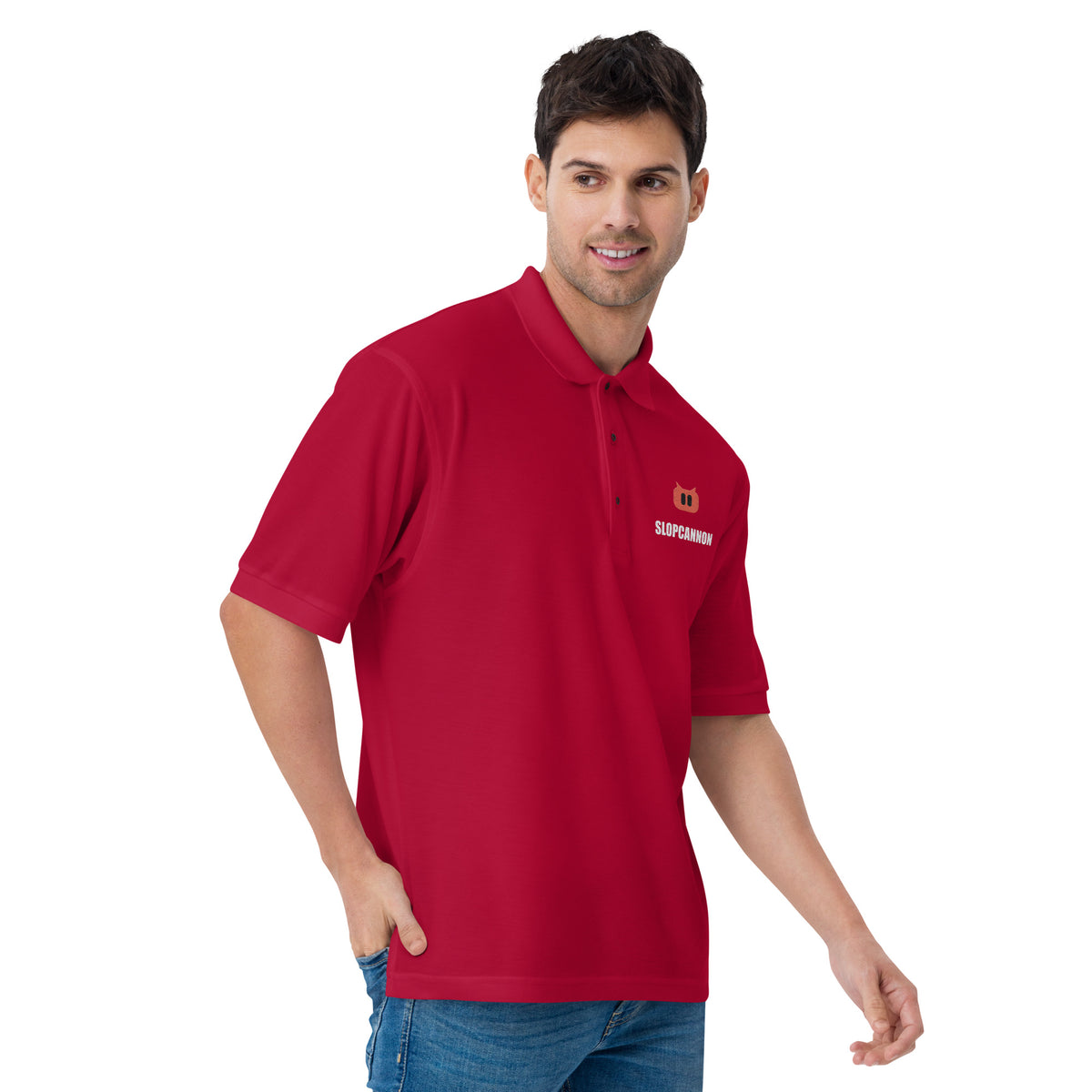 SLOPCANNON Snout Polo in Red, worn by a model