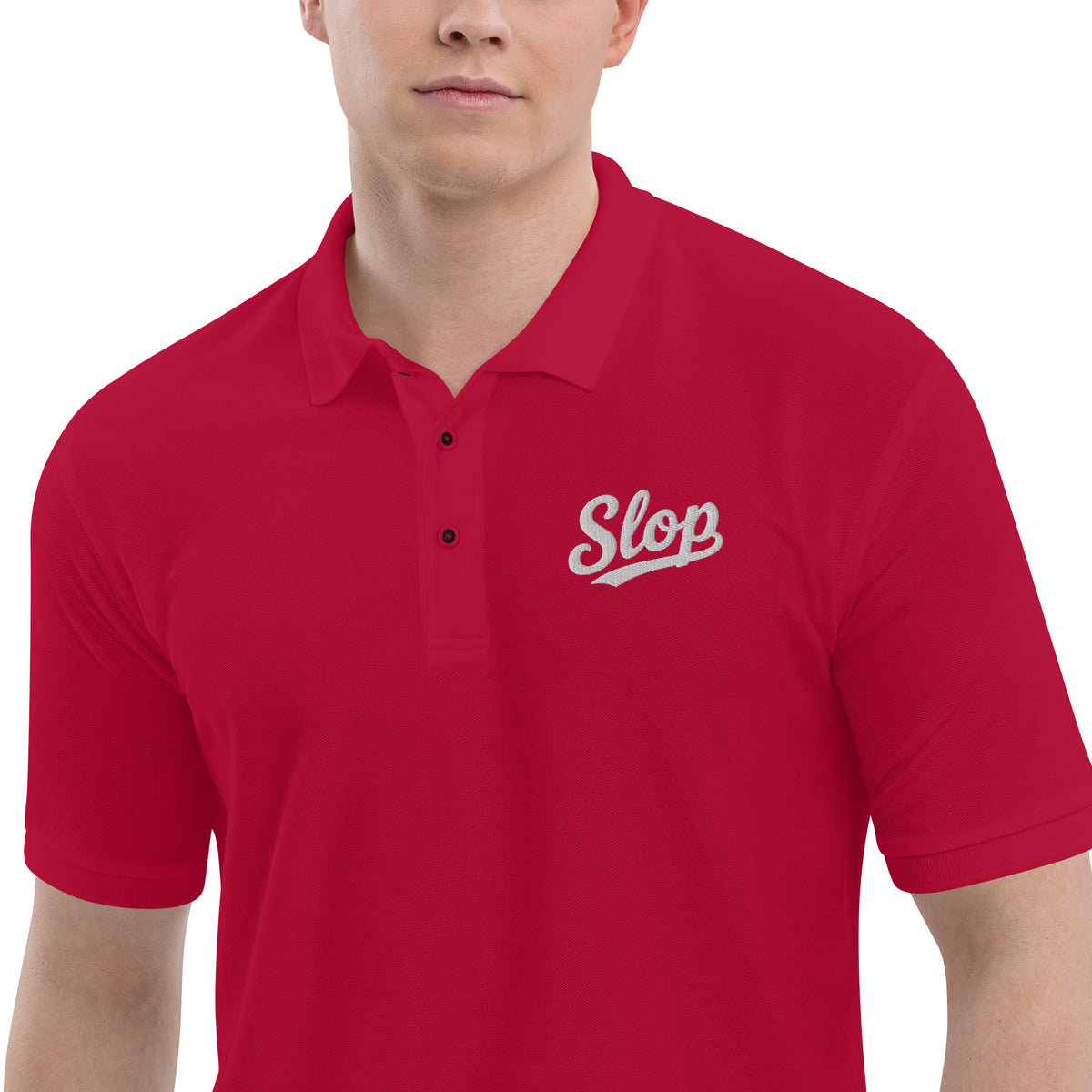 Slop Script Polo in Red, close-up of the embroidery