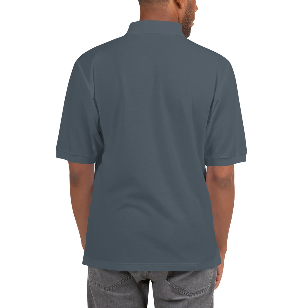 Slop Script Polo in Steel Grey, close-up of the embroidery
