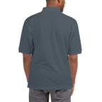 Slop Script Polo in Steel Grey, close-up of the embroidery
