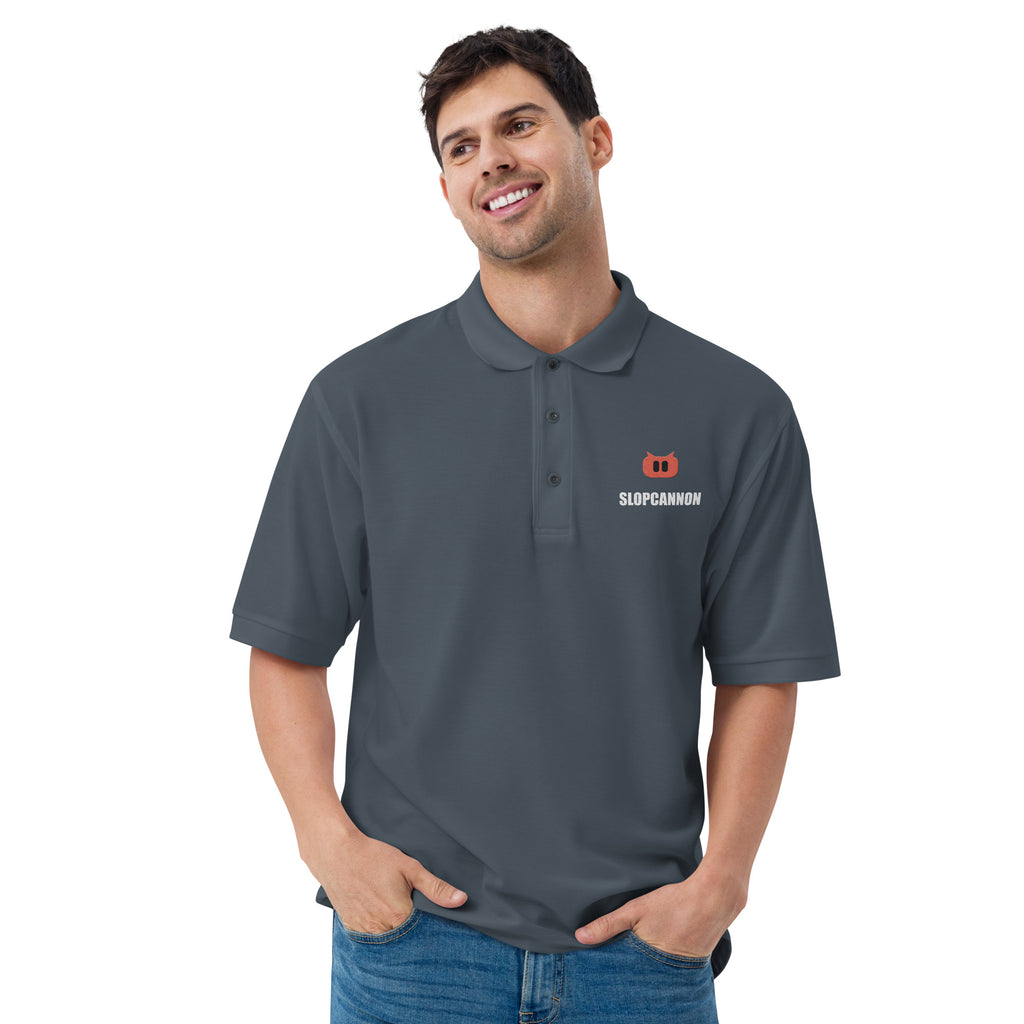 SLOPCANNON Snout Polo in Steel Grey, worn by a model