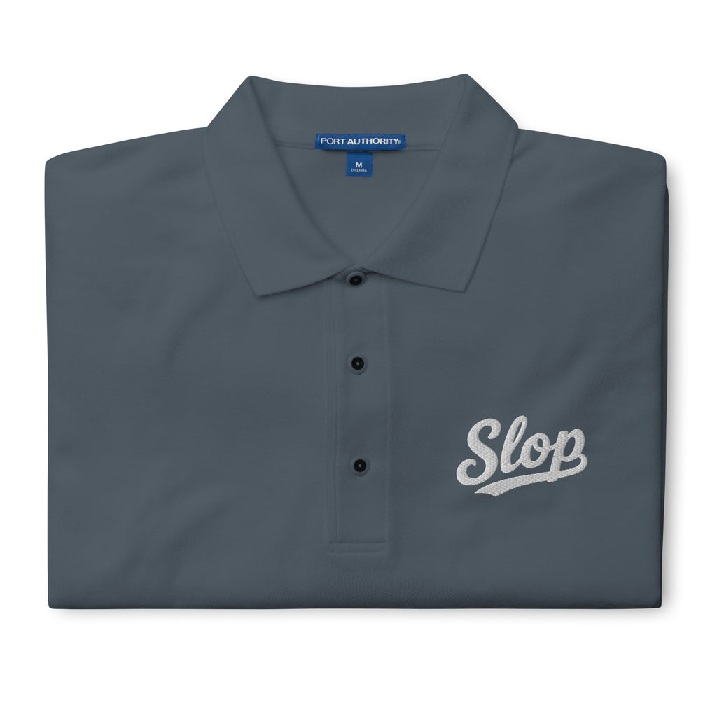 Slop Script Polo in Steel Grey, close-up of the embroidery