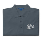 Slop Script Polo in Steel Grey, close-up of the embroidery