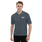 Slop Script Polo in Steel Grey, close-up of the embroidery