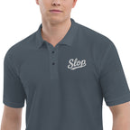 Slop Script Polo in Steel Grey, close-up of the embroidery