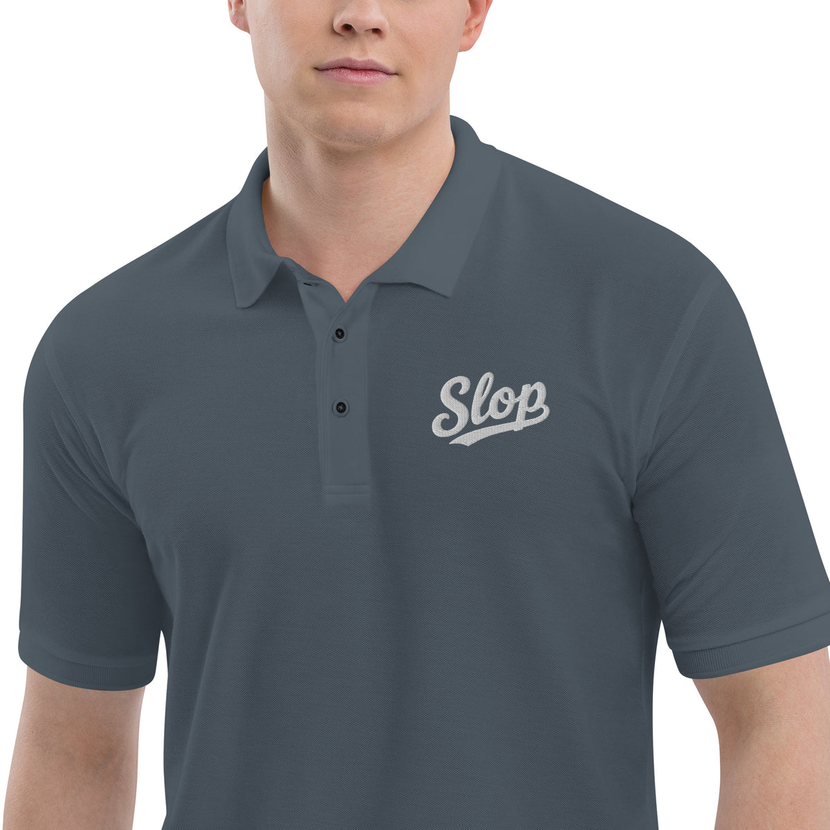 Slop Script Polo in Steel Grey, close-up of the embroidery