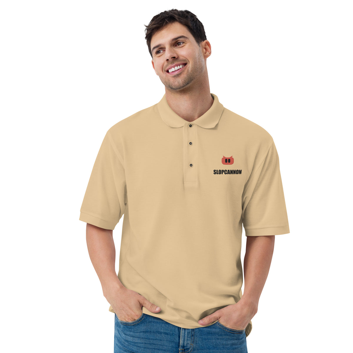 SLOPCANNON Snout Polo in Stone, worn by a model