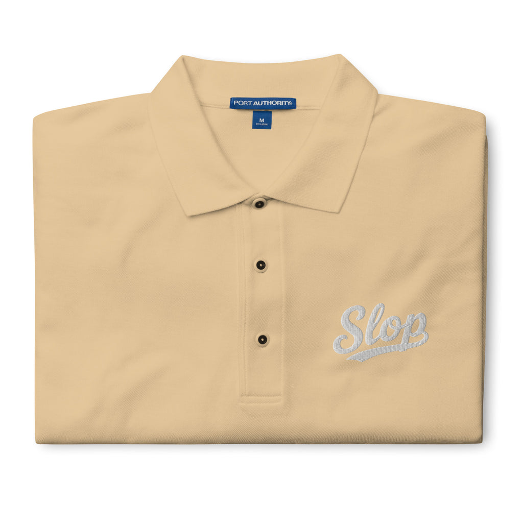 Slop Script Polo in Stone, close-up of the embroidery