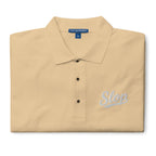 Slop Script Polo in Stone, close-up of the embroidery