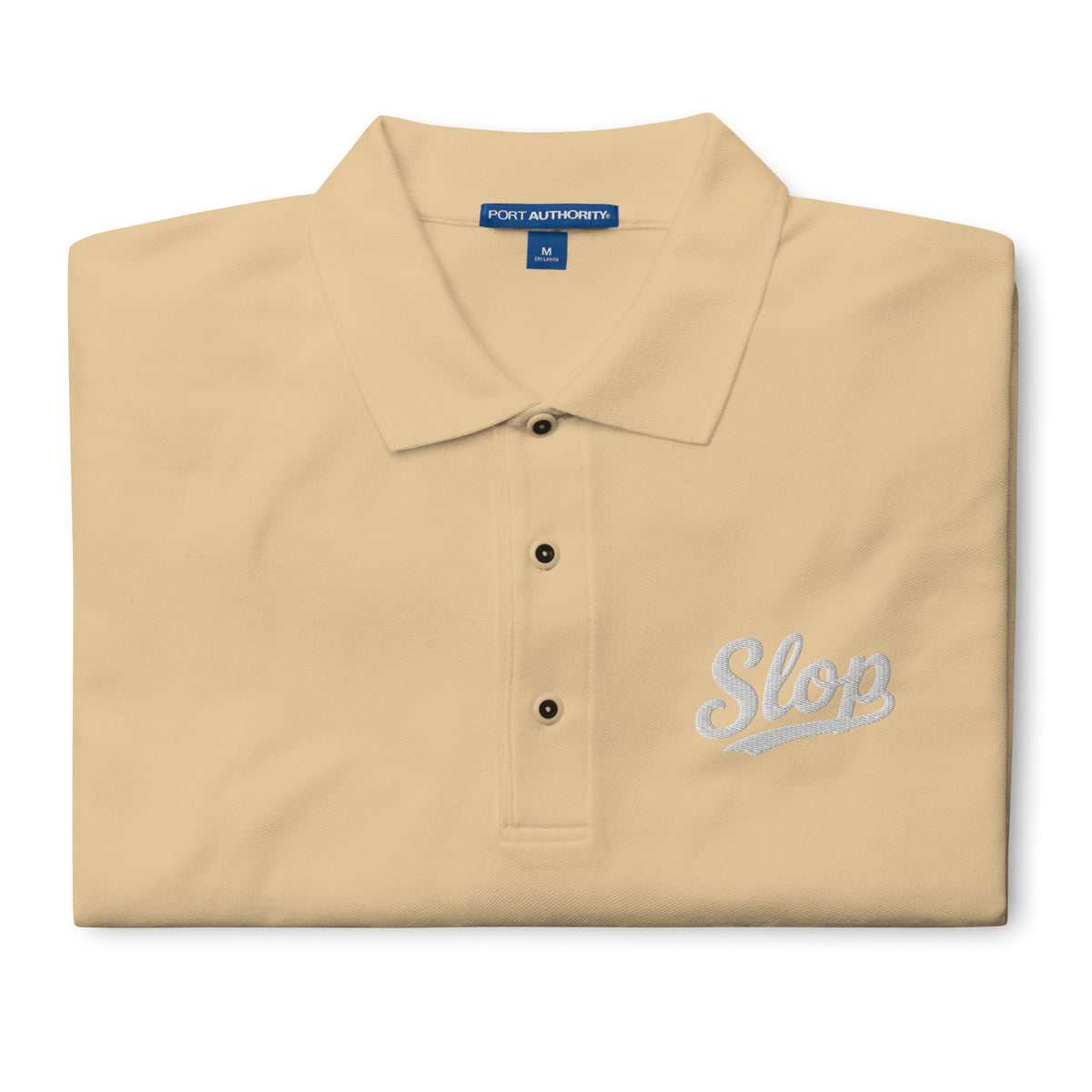Slop Script Polo in Stone, close-up of the embroidery