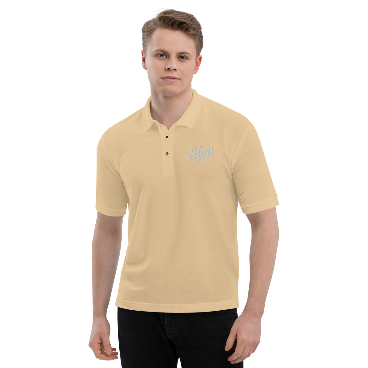 Slop Script Polo in Stone, close-up of the embroidery