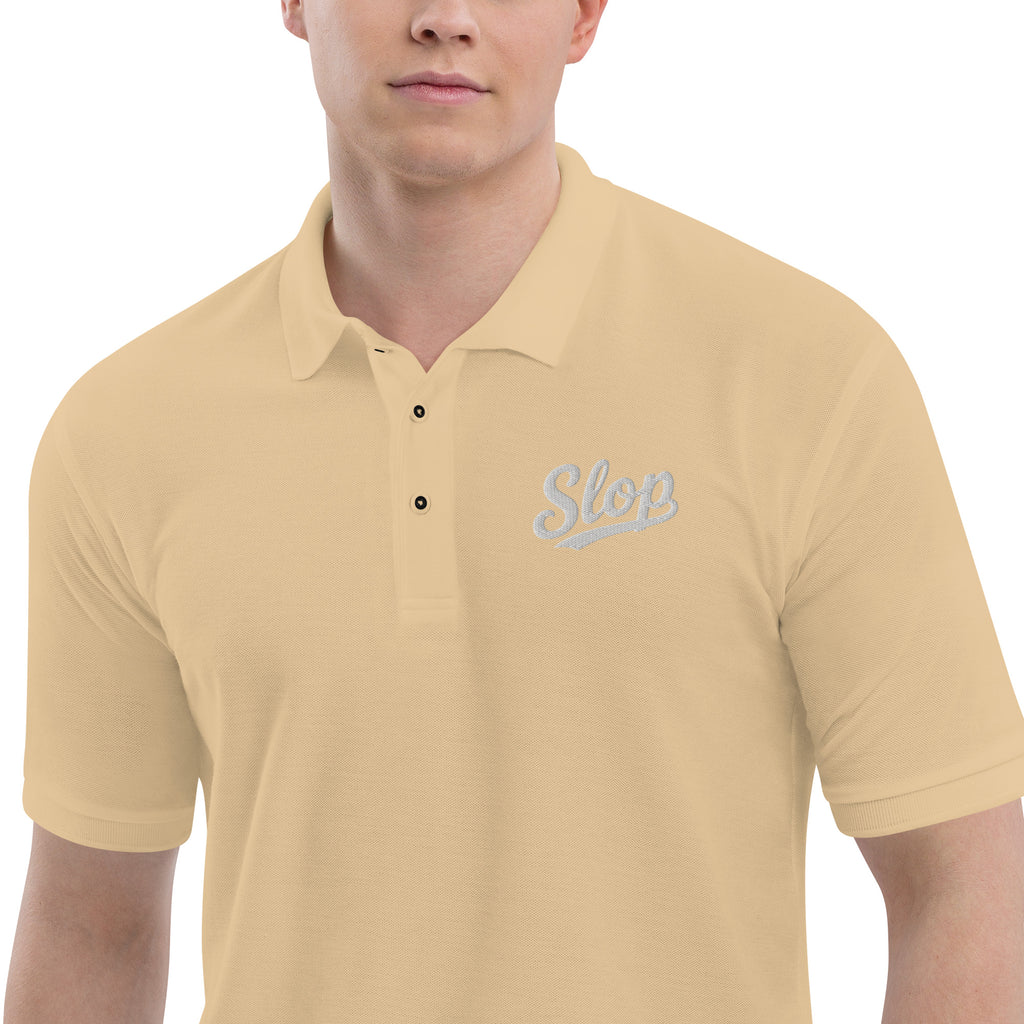 Slop Script Polo in Stone, close-up of the embroidery