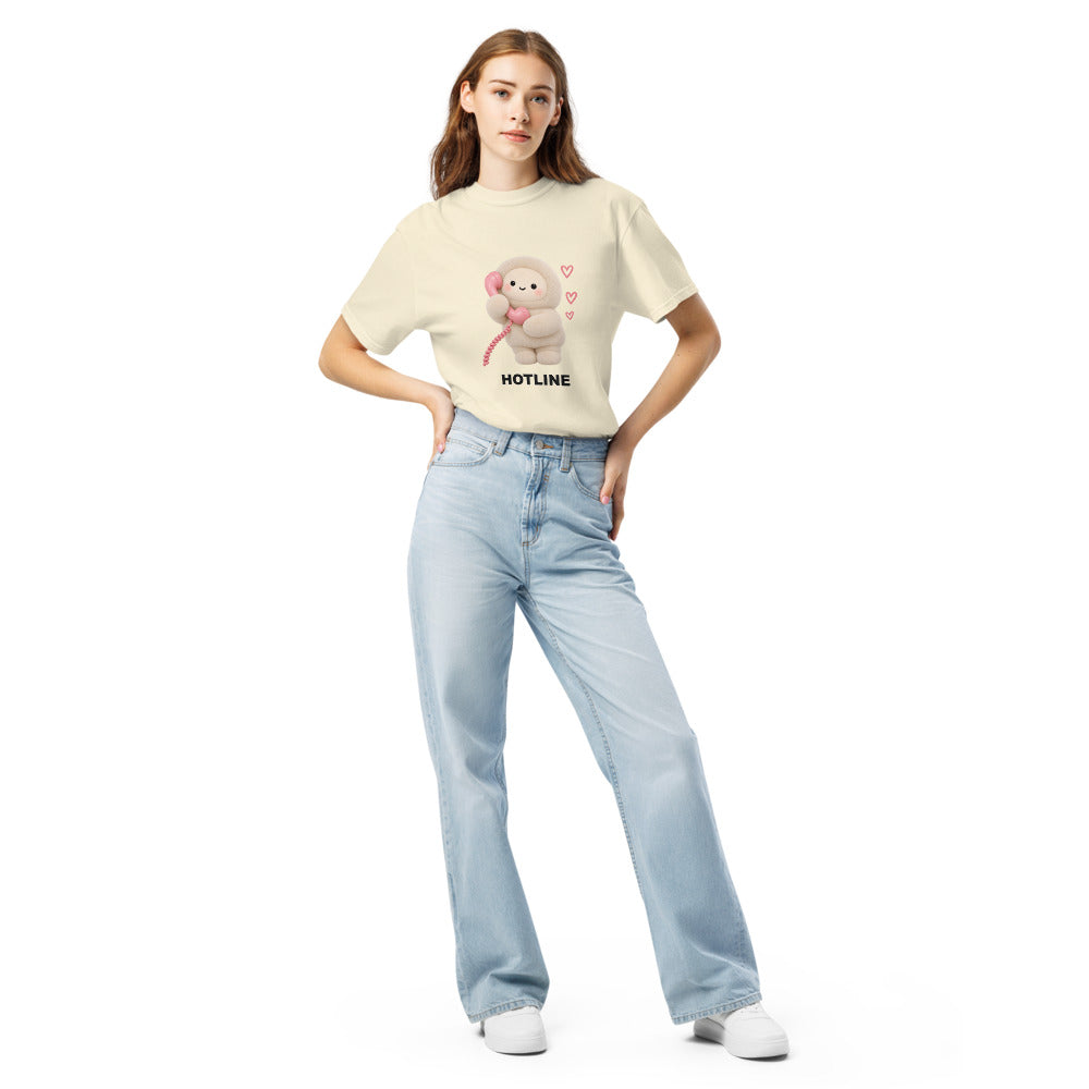 Muse Hotline ivory tee worn by a model, styled front view