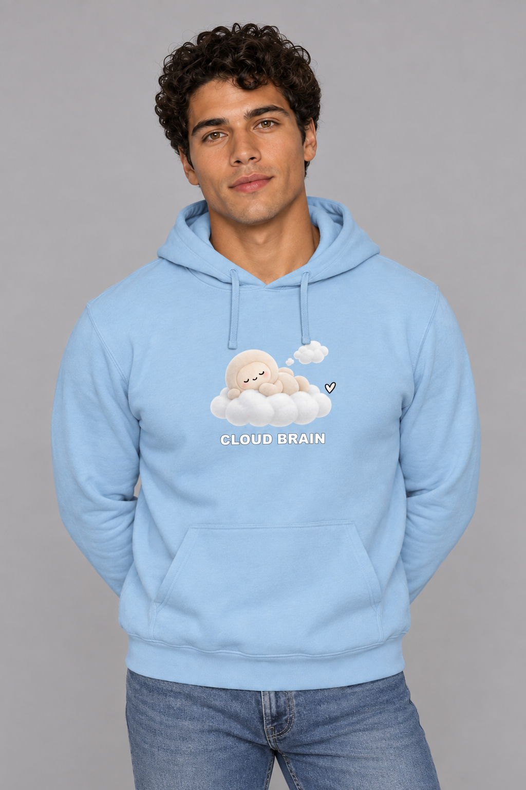 Cloud Brain hoodie in Light Blue on roster model HA-M02