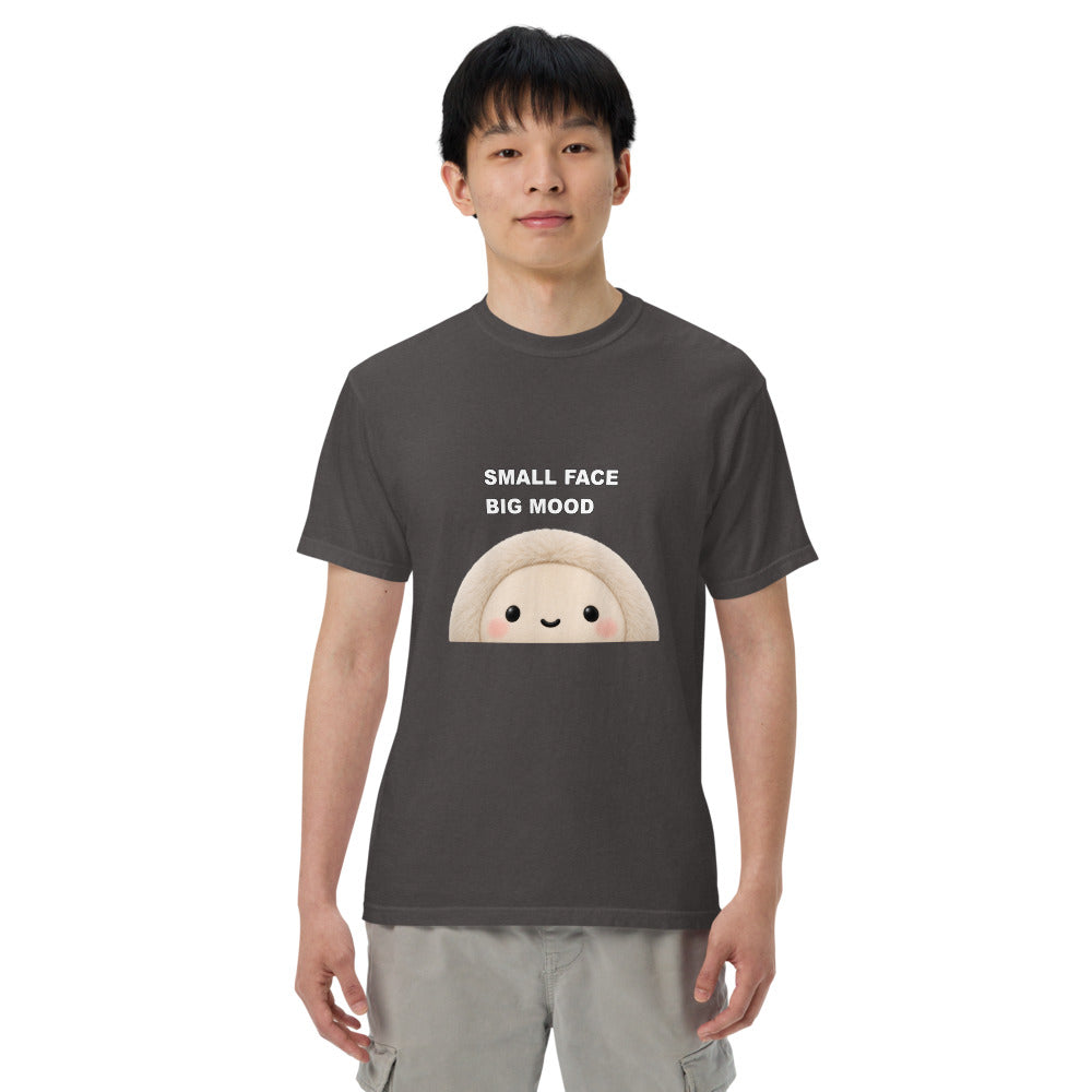 Muse Small Face Big Mood graphite tee worn by a model, front view