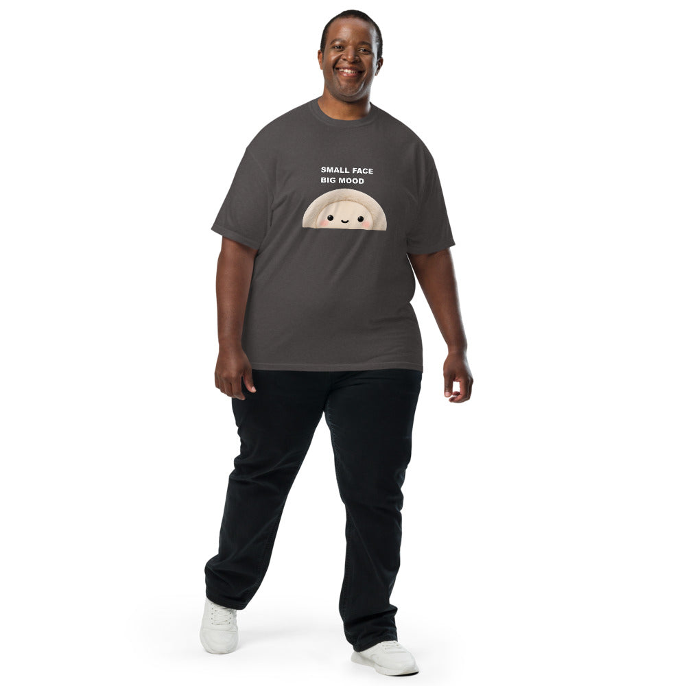 Muse Small Face Big Mood graphite tee worn by a model, full-body front view