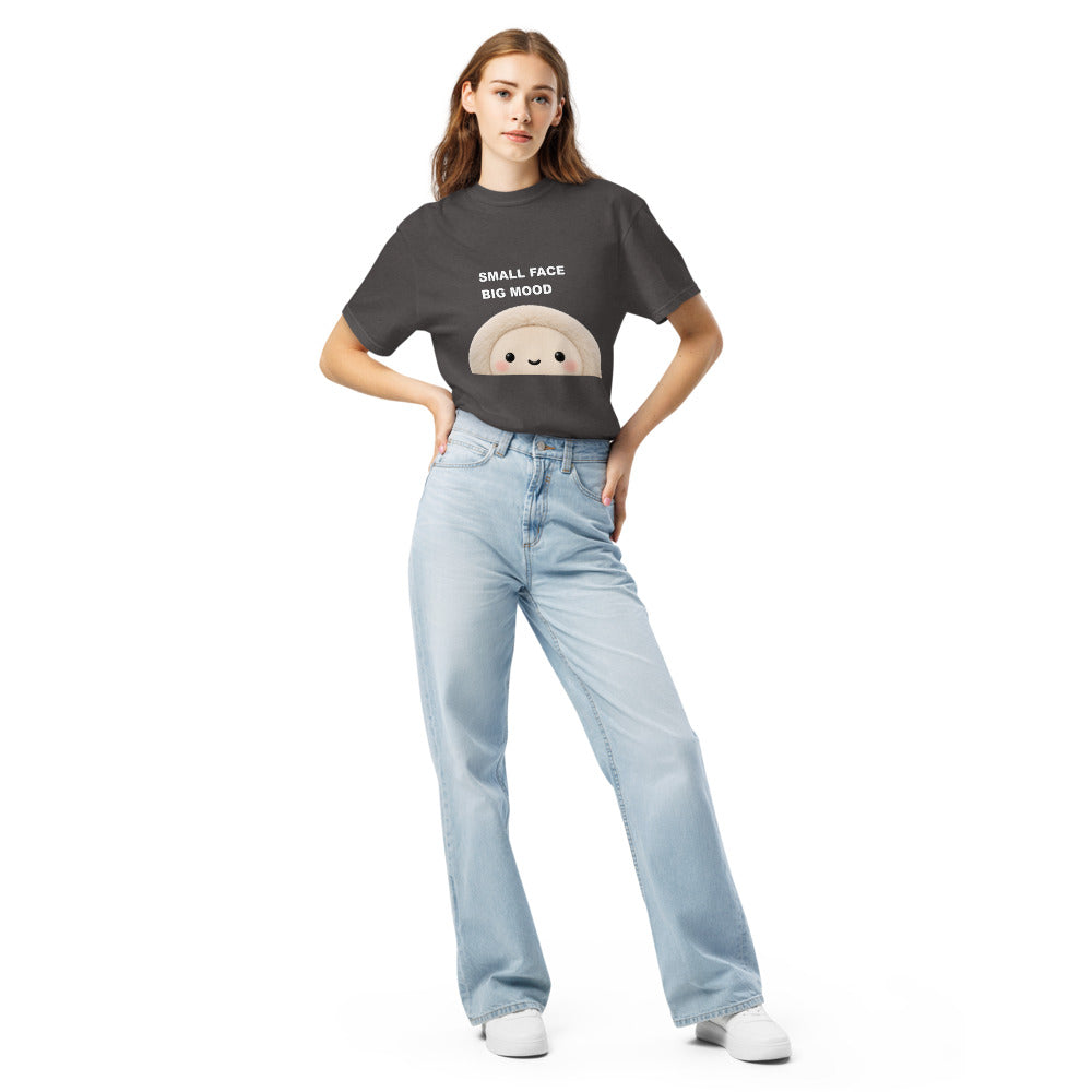 Muse Small Face Big Mood graphite tee worn by a model, styled front view