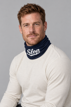 Slop Script Neck Gaiter in Navy, worn by a model