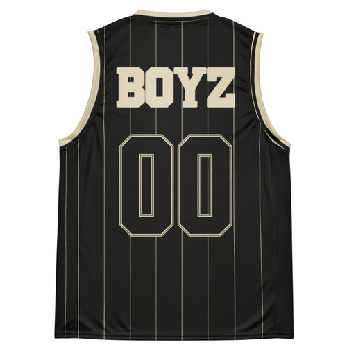 Cannon Boyz Pinstripe Jersey — Black / Cream — clean back with BOYZ and 00; Printful catalog 676 recycled polyester V-neck basketball jersey Black / Cream; supplier digital mockup.