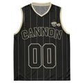 Cannon Boyz Pinstripe Jersey — Black / Cream — clean front with CANNON, paired Boyz crest and 00; Printful catalog 676 recycled polyester V-neck basketball jersey Black / Cream; supplier digital mockup.