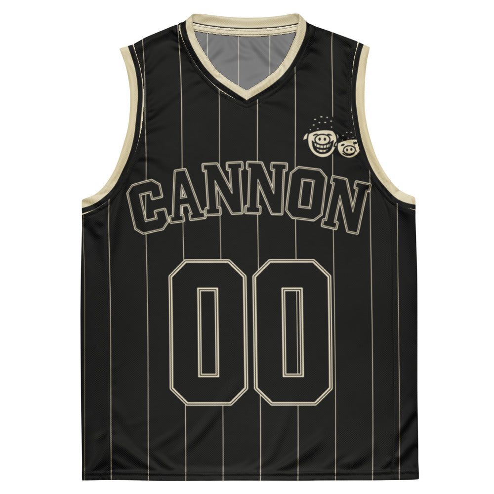 Cannon Boyz Pinstripe Jersey — Black / Cream — clean front with CANNON, paired Boyz crest and 00; Printful catalog 676 recycled polyester V-neck basketball jersey Black / Cream; supplier digital mockup.