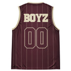 Cannon Boyz Pinstripe Jersey — Burgundy / Bone — clean back with BOYZ and 00; Printful catalog 676 recycled polyester V-neck basketball jersey Burgundy / Bone; supplier digital mockup.