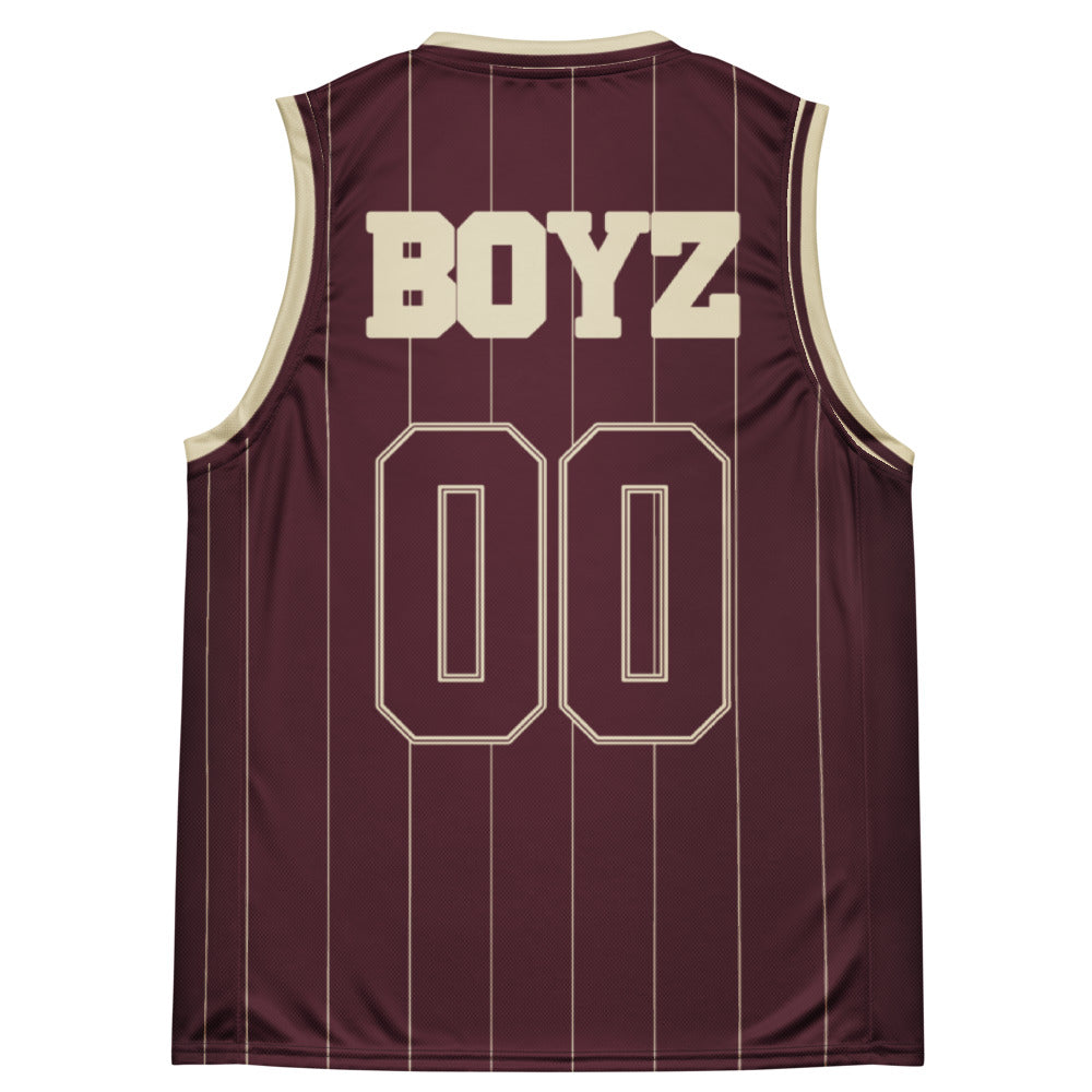 Cannon Boyz Pinstripe Jersey — Burgundy / Bone — clean back with BOYZ and 00; Printful catalog 676 recycled polyester V-neck basketball jersey Burgundy / Bone; supplier digital mockup.