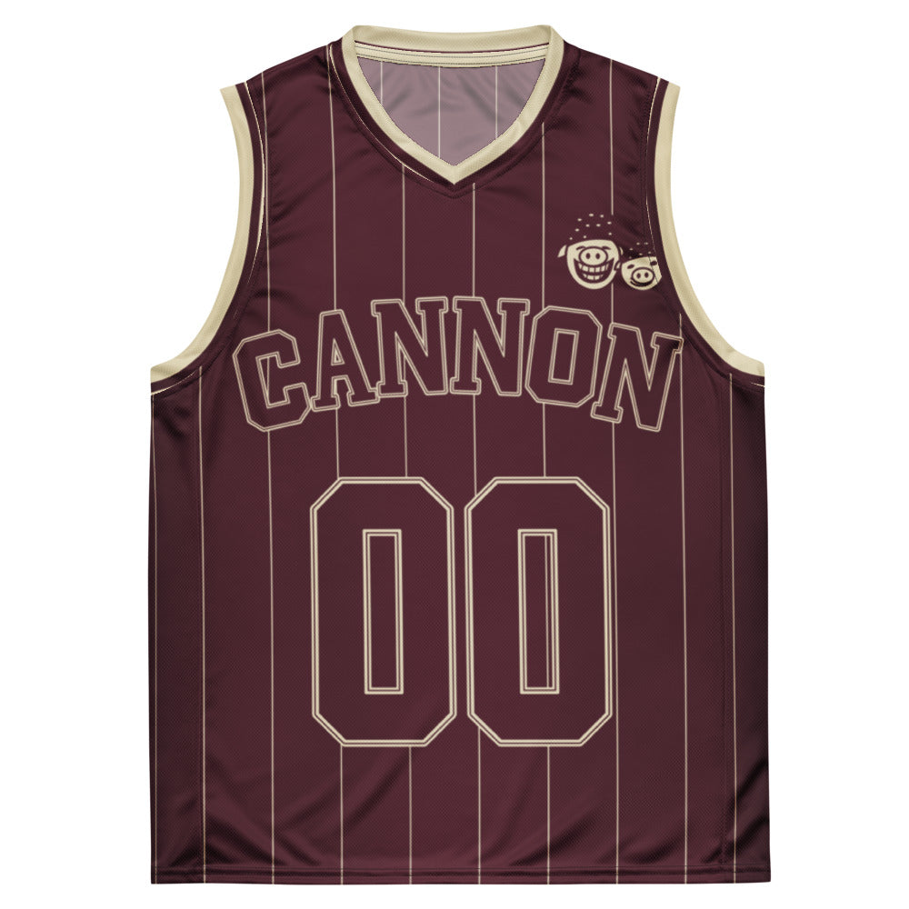 Cannon Boyz Pinstripe Jersey — Burgundy / Bone — clean front with CANNON, paired Boyz crest and 00; Printful catalog 676 recycled polyester V-neck basketball jersey Burgundy / Bone; supplier digital mockup.