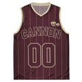 Cannon Boyz Pinstripe Jersey — Burgundy / Bone — clean front with CANNON, paired Boyz crest and 00; Printful catalog 676 recycled polyester V-neck basketball jersey Burgundy / Bone; supplier digital mockup.