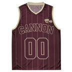 Cannon Boyz Pinstripe Jersey — Burgundy / Bone — clean front with CANNON, paired Boyz crest and 00; Printful catalog 676 recycled polyester V-neck basketball jersey Burgundy / Bone; supplier digital mockup.