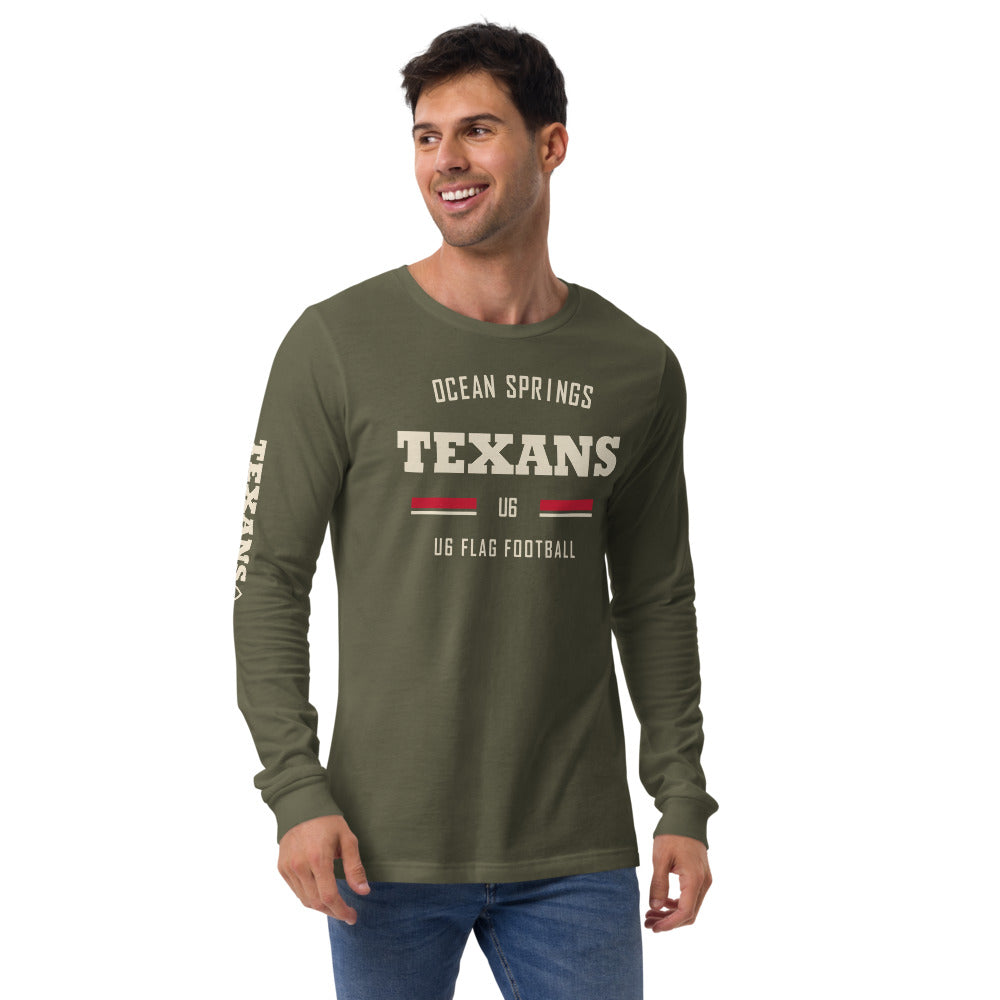 Ocean Springs Texans U6 Olive Long Sleeve — corrected Printful supplier mens_model_front_4 view