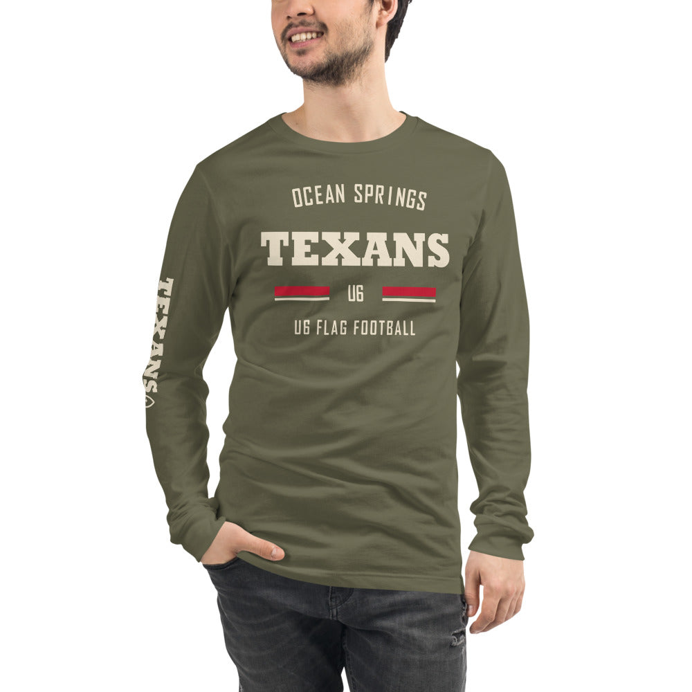 Ocean Springs Texans U6 Olive Long Sleeve — corrected Printful supplier mens_model_front_1 view