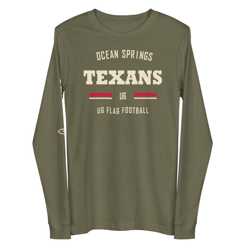 Ocean Springs Texans U6 Olive Long Sleeve — corrected Printful supplier garment_only_front_3 view