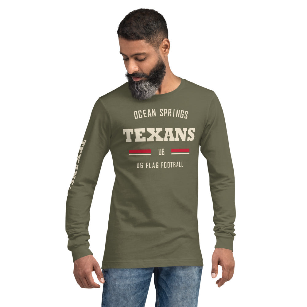 Ocean Springs Texans U6 Olive Long Sleeve — corrected Printful supplier mens_model_front_2 view