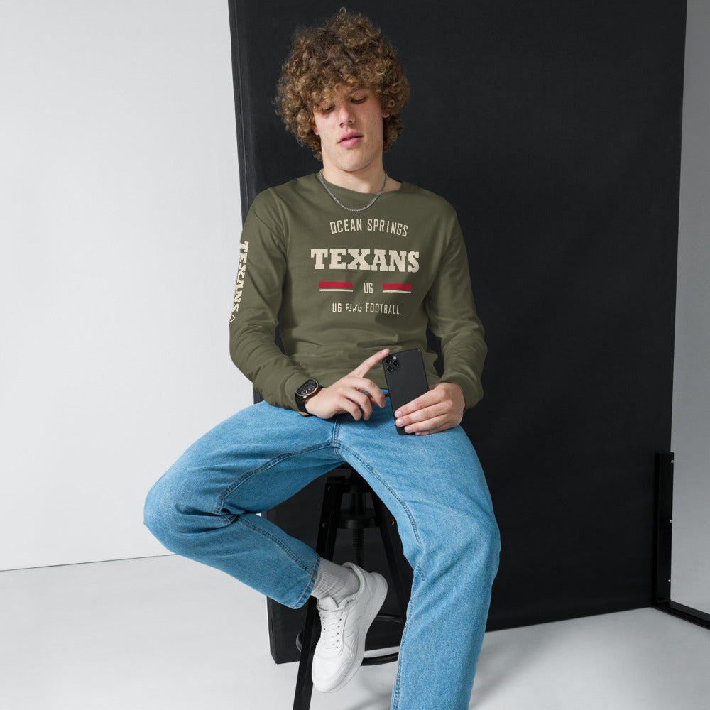Ocean Springs Texans U6 Olive Long Sleeve — corrected Printful supplier mens_model_front_3 view